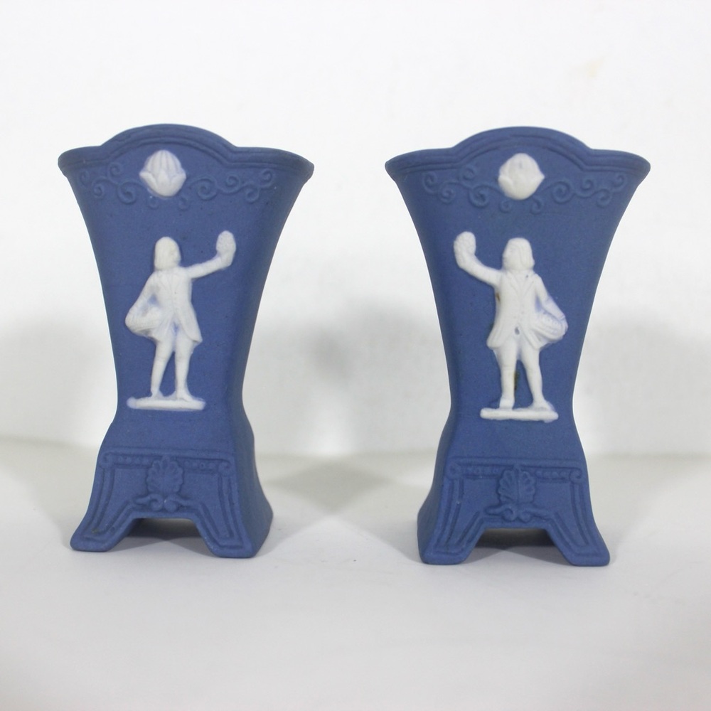 Vintage Blue and White Jasperware mini vases, Wedgwood style miniature vases